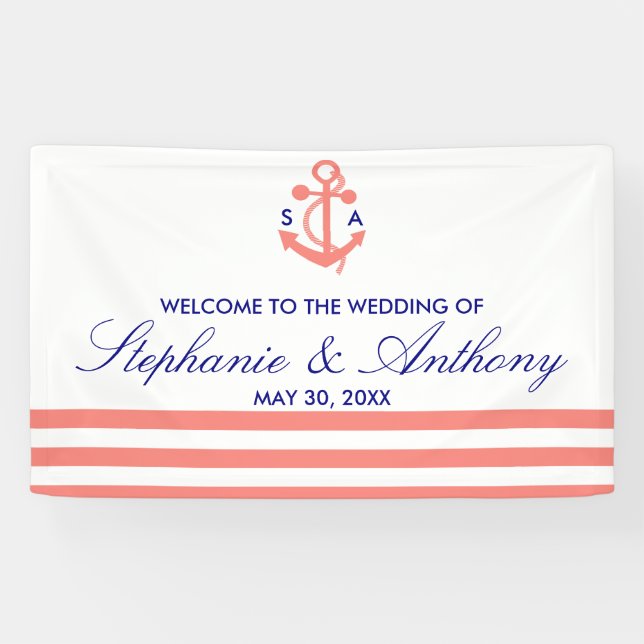 Monogram Coral Pink Nautical and Navy Blue Wedding Banner (Horizontal)