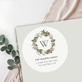 Monogram Cotton Pine Cone Weihnachtskronadresse Runder Aufkleber