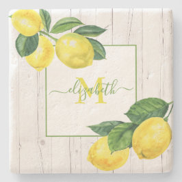 Monogram Country lemons Aquarell auf rustikalem Ho Steinuntersetzer