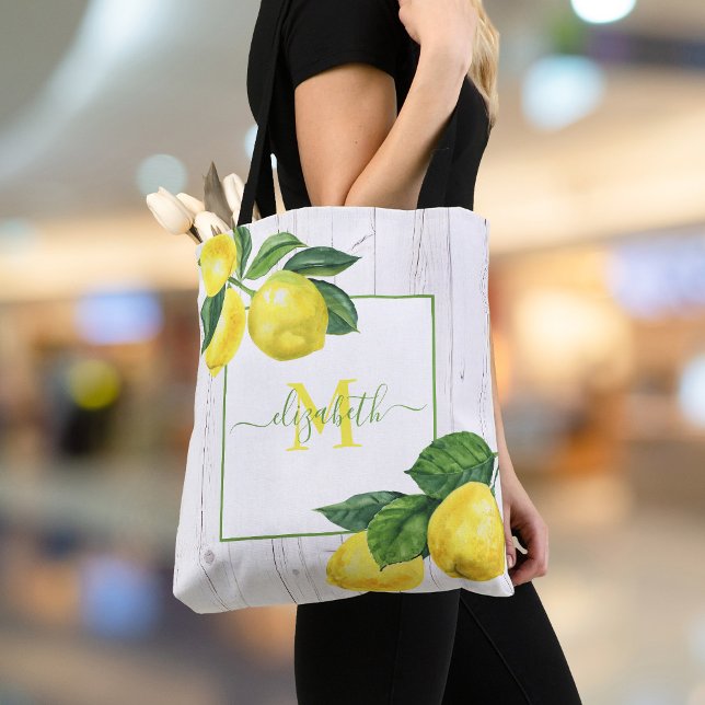 Monogram Country lemons watercolor rustikales Holz Tasche (Von Creator hochgeladen)