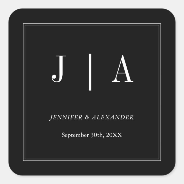 Monogram Couple Name Modern Simple Black and White Quadratischer Aufkleber (Vorderseite)
