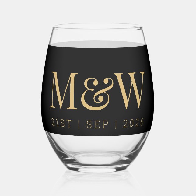 Monogram Couple's Modern Gold Black Wedding Weinglas Ohne Stiel (Vorderseite)