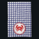 Monogram Crab & Blue Gingham Kitetücher Geschirrtuch<br><div class="desc">Ein Küchentuch mit blauem Gingham-Design. Personalisieren Sie Ihre Monografie über die Abbildung der roten Krebse.</div>