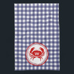 Monogram Crab & Blue Gingham Kitetücher Geschirrtuch<br><div class="desc">Ein Küchentuch mit blauem Gingham-Design.  Personalisieren Sie Ihre Monografie über die Abbildung der roten Krebse.</div>