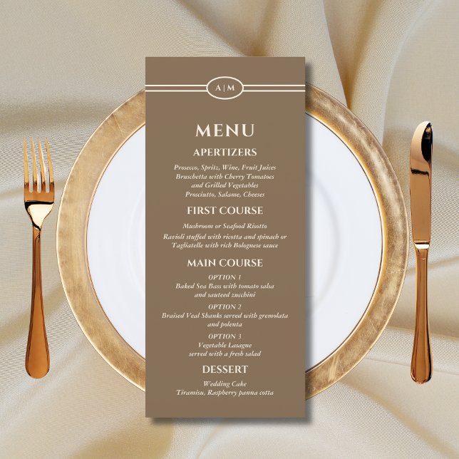 Monogram Cream Brown Christian Wedding Menu Menükarte (Von Creator hochgeladen)