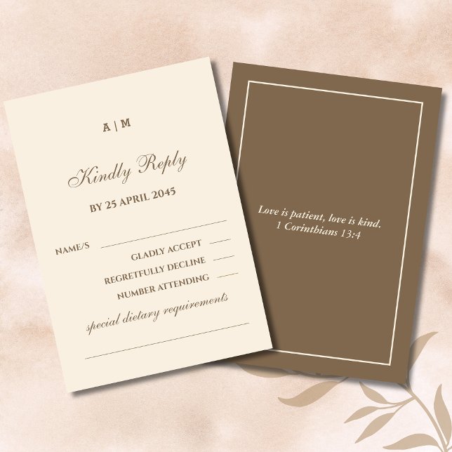 Monogram Cream Brown Christian Wedding RSVP Card  (Von Creator hochgeladen)