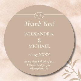 Monogram Cream Taupe Christian Wedding Thank You Runder Aufkleber