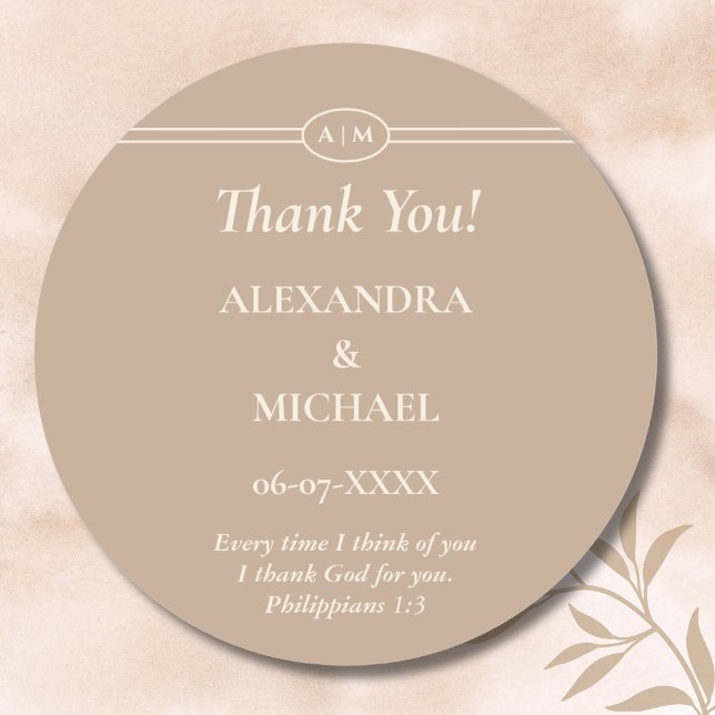 Monogram Cream Taupe Christian Wedding Thank You Runder Aufkleber (Von Creator hochgeladen)