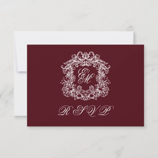 Monogram Crest Elegant Burgundy Wedding RSVP Karte (Vorderseite)