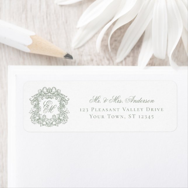 Monogram Crest Sage Green Wedding Return Address (Insitu)