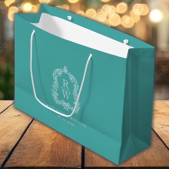 Monogram Crest Turquoise Wedding Große Geschenktüte (Von Creator hochgeladen)