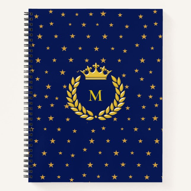 Monogram, Crown, Laurel & Gold Sterne auf Navy Blu Notizbuch (Vorderseite)
