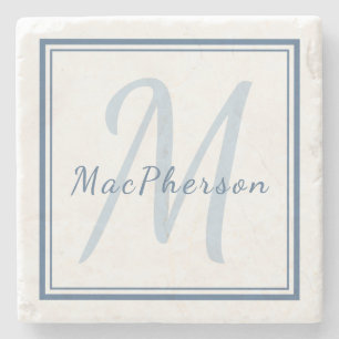Monogram Custom Blue Text Marble Stone Untersetzer
