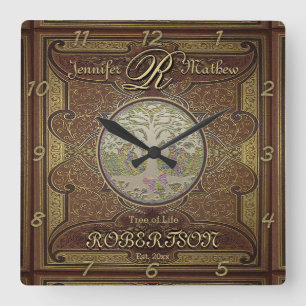 Monogram Custom Family Tree Anniversary Quadratische Wanduhr