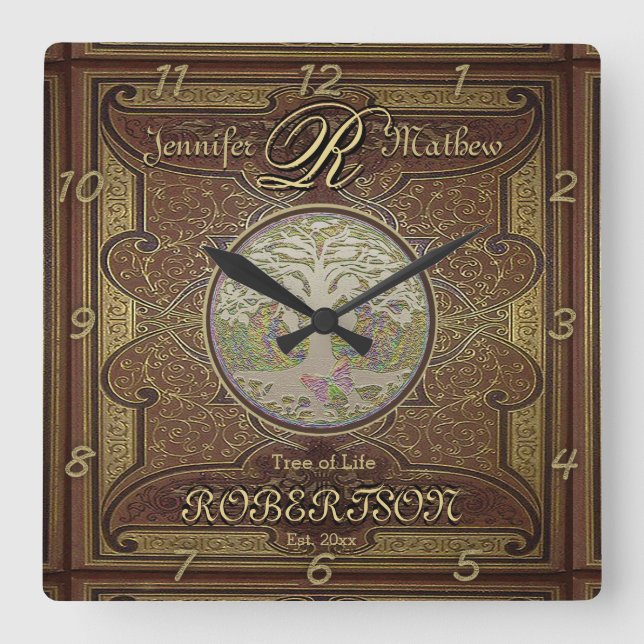 Monogram Custom Family Tree Anniversary Quadratische Wanduhr (Vorderseite)