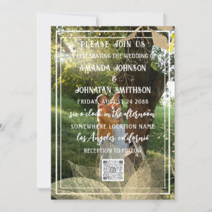 Monogram Custom Foto QR Code Woodland Gold Green Einladung