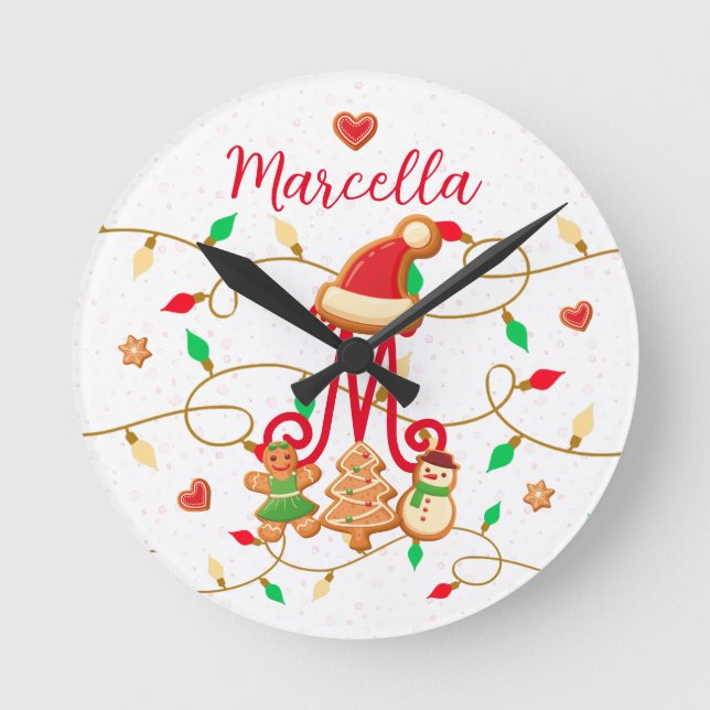 Monogram Custom Gingerbrett Red Runde Wanduhr (Vorderseite)