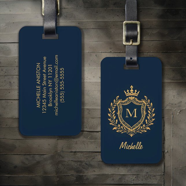 Monogram Custom navy blue gold mit elegantem Skrip Gepäckanhänger (Von Creator hochgeladen)