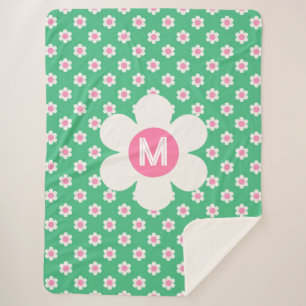 Monogram Custom Retro Daisies Pink und Green Sherpadecke