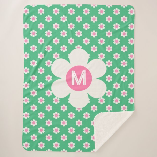 Monogram Custom Retro Daisies Pink und Green Sherpadecke (Vorderseite)