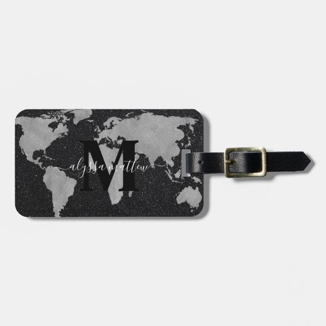 Monogram Custom World Map Black Glitzer Custom Gepäckanhänger (Vorderseite horizontal)