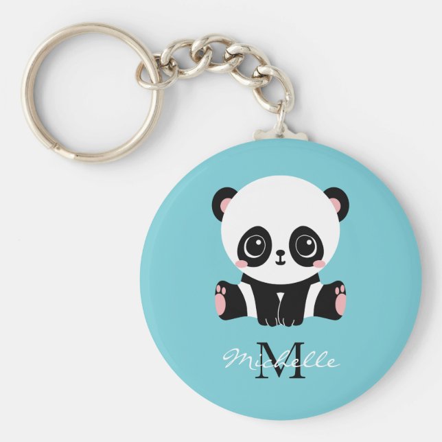 Monogram Cute Panda Personalized Bubble Gum Blue Schlüsselanhänger (Vorne)
