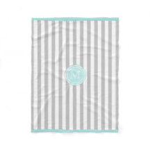 Monogram Cyan Gray & White Striping Fleece Blanket