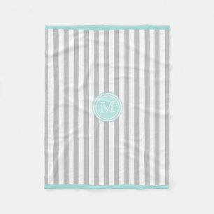 Monogram Cyan Gray & White Striping Fleece Blanket