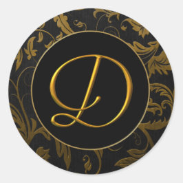 Monogram D Gold and Black Damask Wedding Siegel Runder Aufkleber