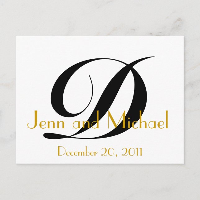 Monogram D Save the Date Card Gold Schwarz-weiß Ankündigungspostkarte (Vorderseite)