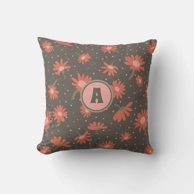 Monogram Daisies Coral Pink Brown Blume Muster Kissen (Vorderseite)