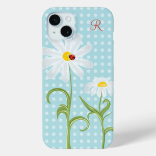 Monogram Daisies und Lady Bug Polka Dot Blue iPhone 15 Mini Hülle