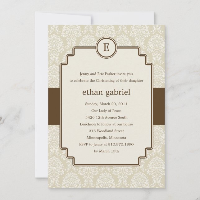 Monogram Damask Baptisse/Christening Invite - brau Einladung (Vorderseite)