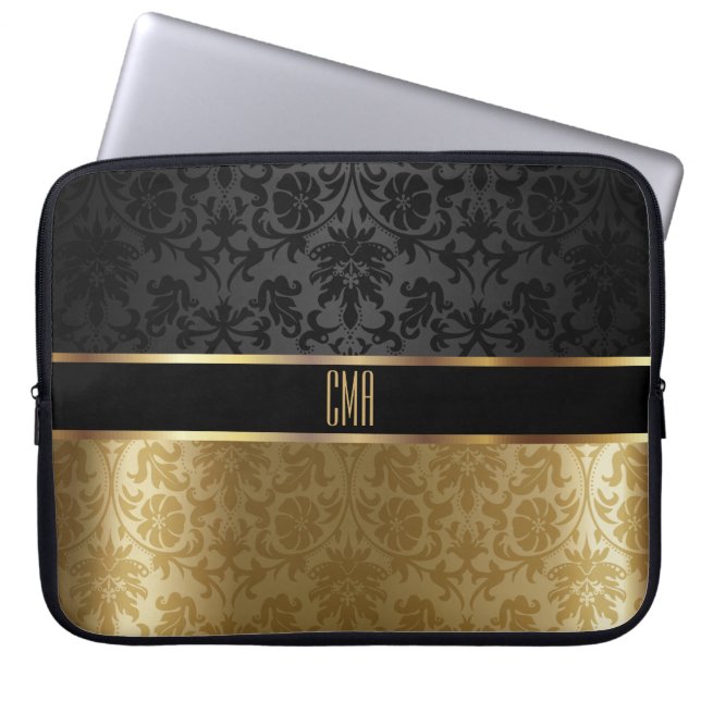Monogram Damask Black mit Gold Floral Laptopschutzhülle (Vorderseite)