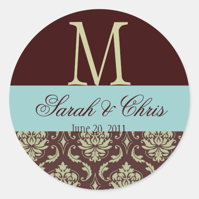 Monogram Damask Brown Blue Wedding Siegel Runder Aufkleber (Vorderseite)
