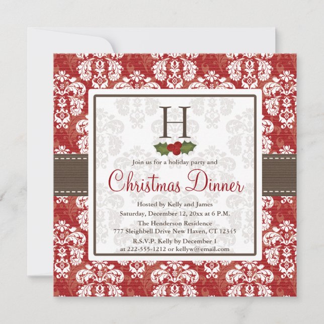 Monogram Damask Holly Berry Weihnachtsessen Einzug Einladung (Vorderseite)