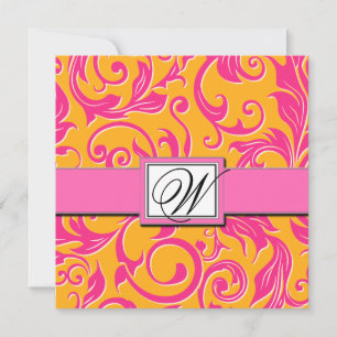 Monogram Damask Orange & Pink Hochzeitseinladungen Einladung