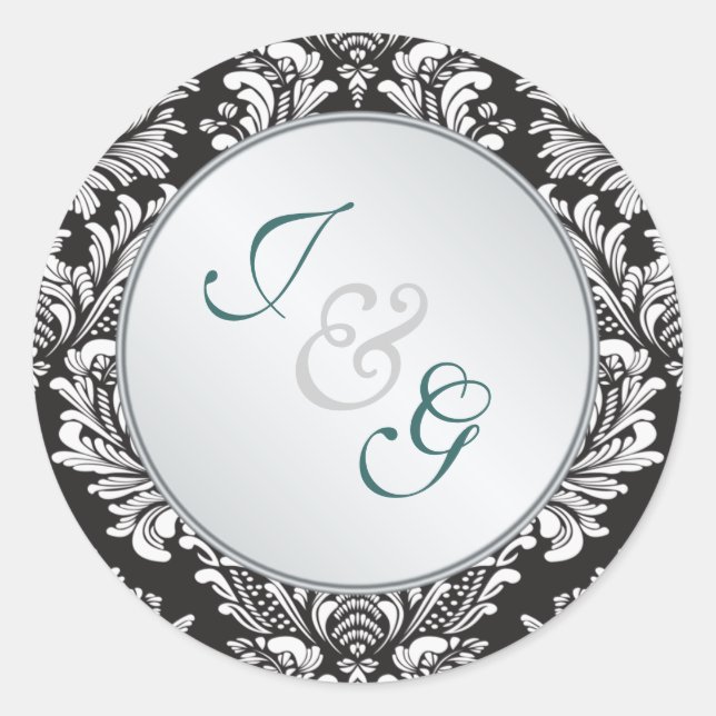 Monogram Damask Schwarz-weiße Hochzeit Runder Aufkleber (Vorderseite)