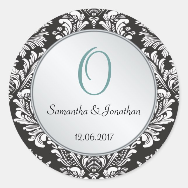 Monogram Damask Schwarz-weißer Hochzeitsticker Runder Aufkleber (Vorderseite)