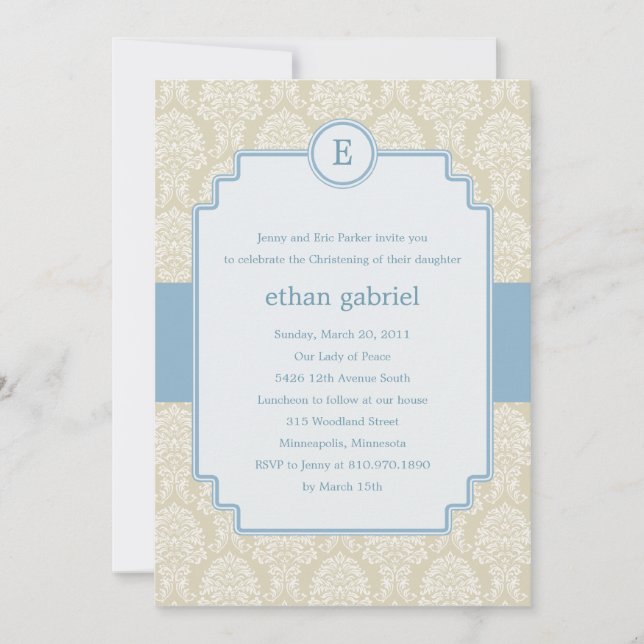 Monogram Damask Taufen/Christening Invite - Blau Einladung (Vorderseite)