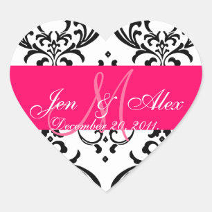 Monogram Damask Wedding Favor Sticker Herzform