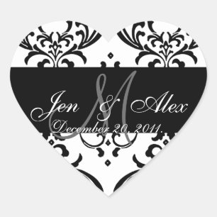 Monogram Damask Wedding Favor Sticker Herzform