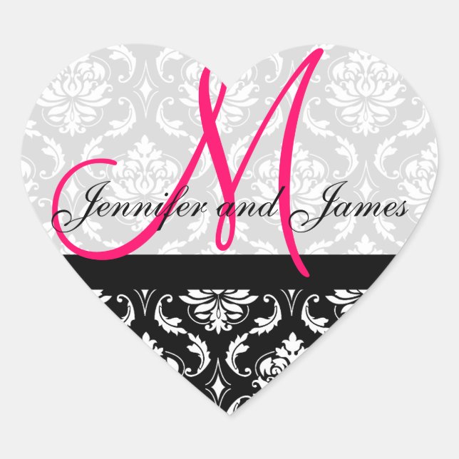 Monogram Damask Wedding Favor Stickers Pink (Vorderseite)