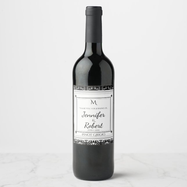 Monogram Damask Wedelwine Flaschenetikett Weinetikett (Vorderseite)