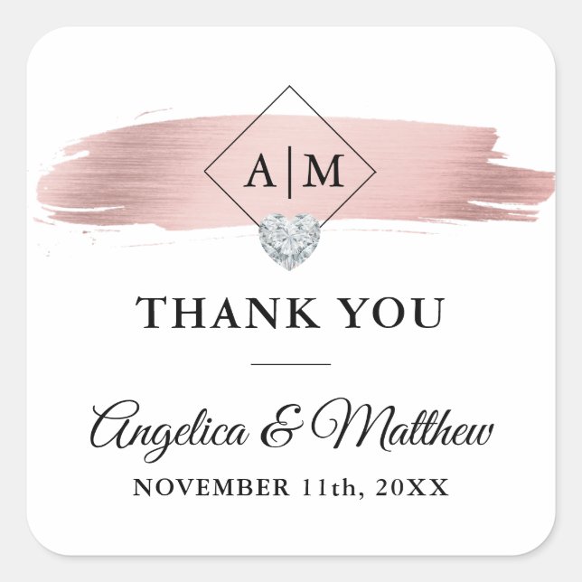 Monogram DANK YOU Rose Gold Heart Wedding Quadratischer Aufkleber (Vorderseite)