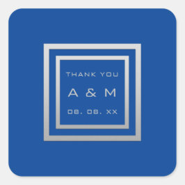 Monogram danke Gray Frame Silver Wedding Royal Blu Quadratischer Aufkleber