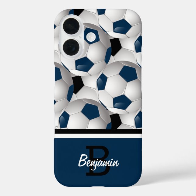 Monogram Dark Blue Black Soccer Ball Pattern iPhone 16 Hülle (Rückseite)