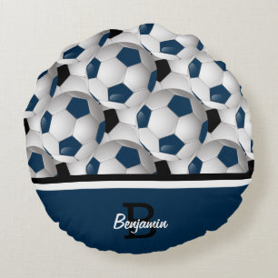 Monogram Dark Blue Black Soccer Ball Pattern Rundes Kissen