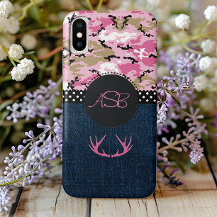 Monogram Dark Blue Jeans Pink Antler Niedliche Cam iPhone 16 Hülle