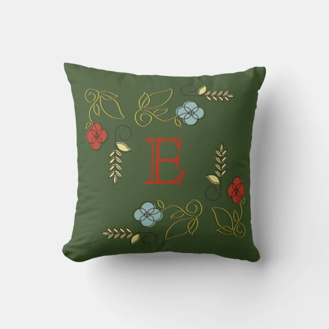 Monogram Dark Green Blume Hochzeitskissen Kissen (Vorderseite)